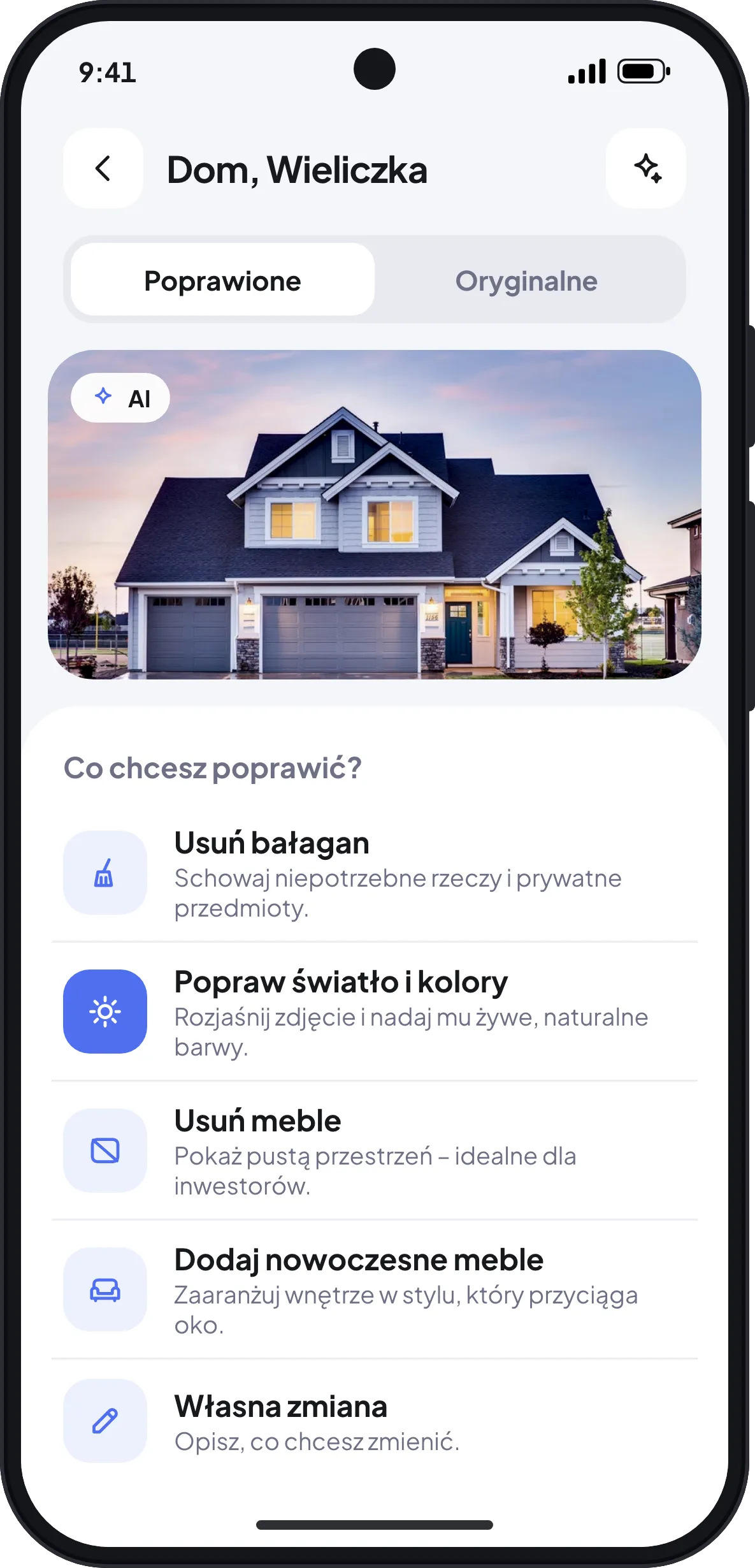 Ekran aplikacji VertaCRM z poprawionym zdjęciem domu i listą zmian: usuń bałagan, popraw światło i kolory, usuń meble, dodaj nowoczesne meble, własna zmiana