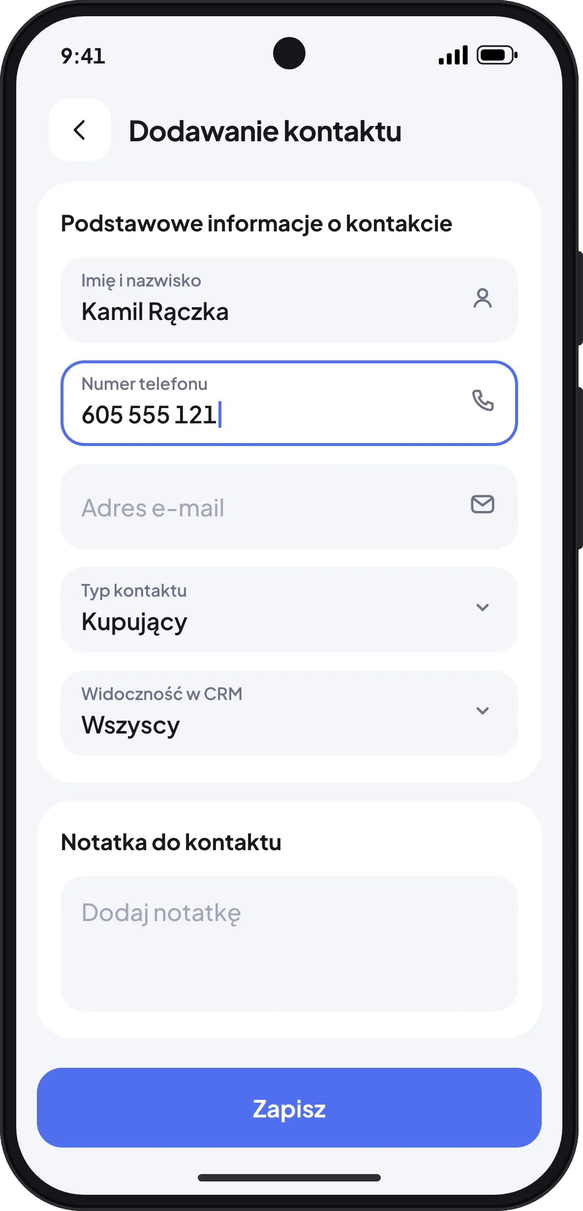 Ekran dodawania kontaktu w aplikacji VertaCRM