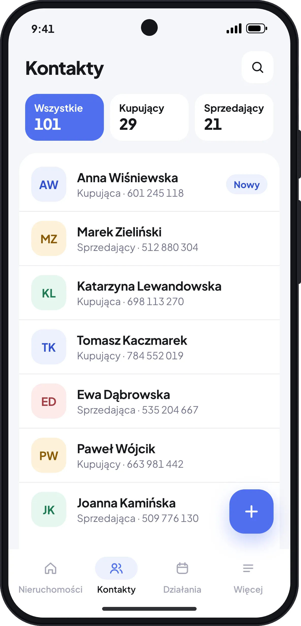 Ekran Kontakty w aplikacji VertaCRM z podziałem na kupujących i sprzedających